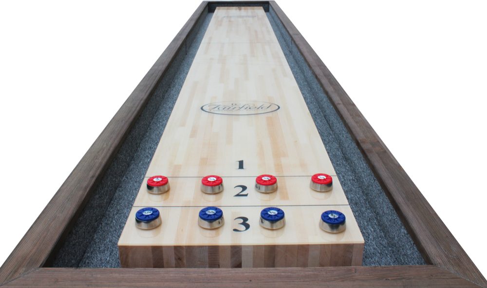 Playcraft Brazos River Pro-Style Shuffleboard Table w/3" Butcher Block in Weathered Gray - Image 3